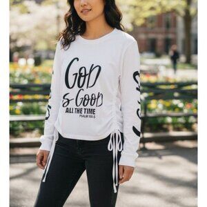 Christian Long Sleeve Top With Bible Verses God Is Good Psalm 100:5 & Matthew 19